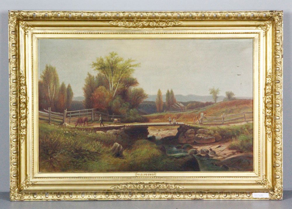 Young, Valley View, O/B: Harvey Otis Young (1840 - 1901), valley view, oil on board, initialed "HOY" lower left, 30"h x 48"w (view), 41"h x 59"w (frame). Provenance: Estate of Alexander Brook.