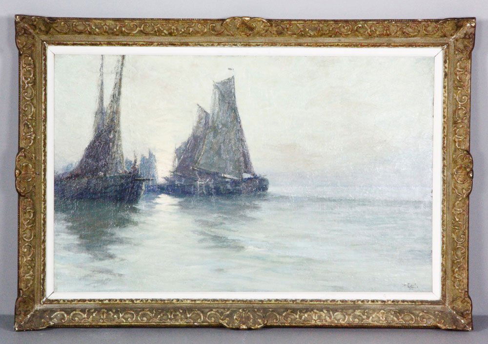 De Vos, Fishing Sailboats, O/P: Albert Isidore De Vos (Belgian 1868 - 1950), fishing sailboats at sunset, oil on panel, signed lower right, dated 1906, 22"h x 43"w (view), 33"h x 49"w (frame). Provenance: Estate of Alexander Brook.