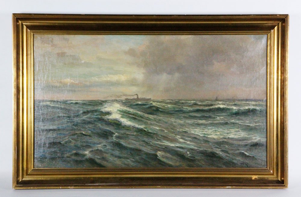 19th C. American School, Boats, O/C: 19th century, American School, boats in open water, oil on canvas, initialed lower right "HFK", 17"h x 31"w (view), 22 3/4"h x 36 1/2"w (frame). Provenance: Estate of Alexander Brook.