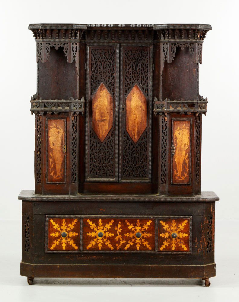Inlaid Victorian Cabinet: Victorian cabinet with inlay and fretwork, 48 1/2"h x 33 1/2"w x 12"d. Provenance: Estate of Alexander Brook.