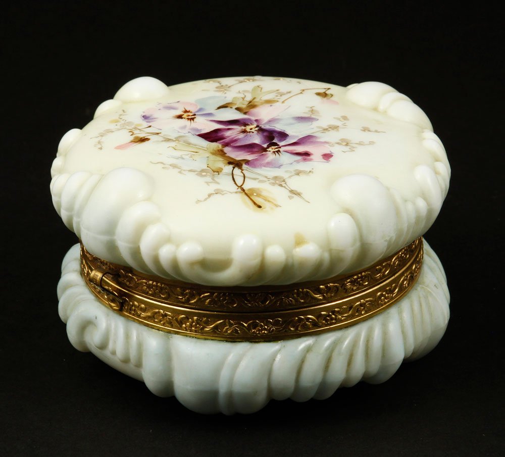 Wavecrest Powder Box: Wavecrest powder box, signed on base, floral decoration, ormolu mountings, 3"h x 5 1/2"dia. Provenance: Manchester, MA estate.
