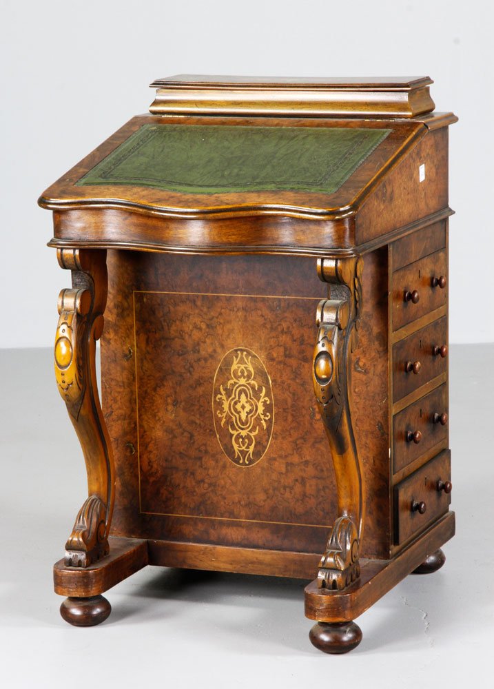 19th C. Walnut Davenport Desk: 19th century davenport desk, walnut with inlay, carved legs, green leather top, 35"h x 21 1/2"w x 22 1/2"d. Provenance: Estate of Alexander Brook.