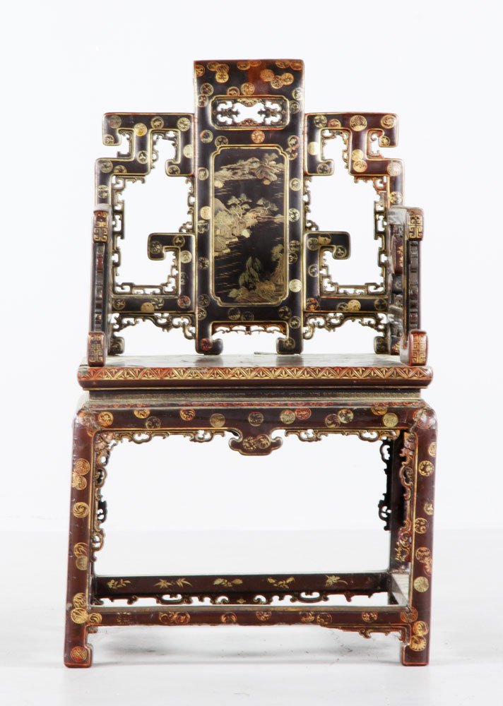 19th C. Throne Chair: 19th century throne chair, black lacquer and gilt all over decoration, 31"h x 21"w x 17 1/2"d. Provenance: Estate of Alexander Brook.