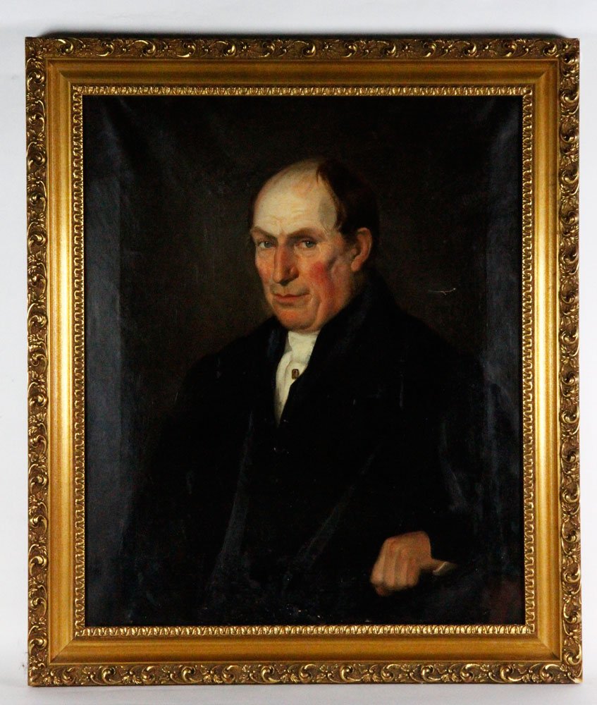 19th C. English School Portrait, O/C: 19th century, English school portrait of William Arnold, oil on canvas, information verso, dated 1854, 30"h x 25"w (view), 35"h x 30 1/4"w (frame). Provenance: Estate of Alexander Brook.