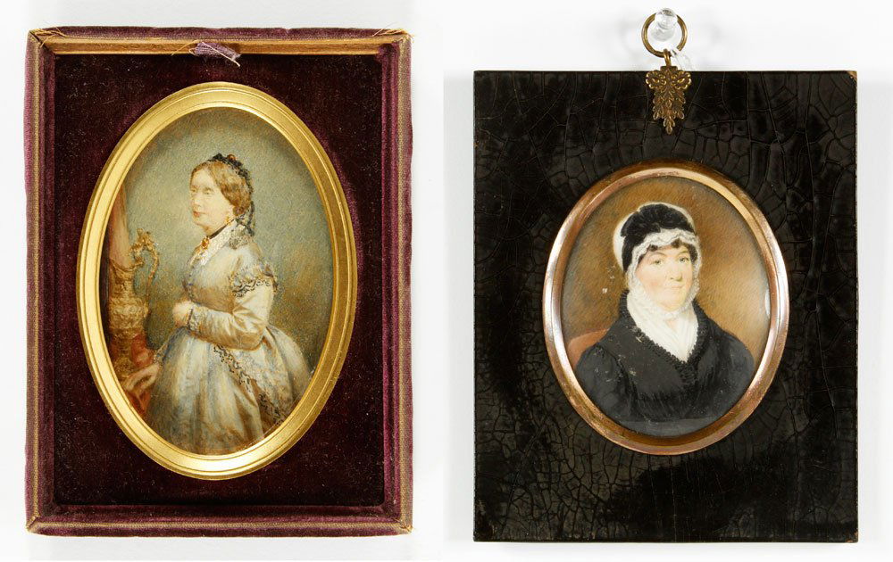 2 Portraits, Miniature on Ivory: Lot of two miniatures on ivory, portraits of ladies, 3 1/2" x 2 3/4" (view), 6" x 5" (frame) (larger). Provenance: Estate of Alexander Brook.