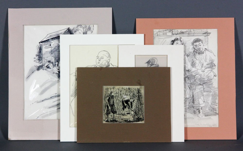 5 Pencil Drawings by Bacon: Five pencil drawings by Peggy Bacon (American 1895 - 1987), matted, most initialed, some dated, illustrations for books and magazines, circa 1930s, 10" x 7 1/2" (largest). Provenance: From the estate 