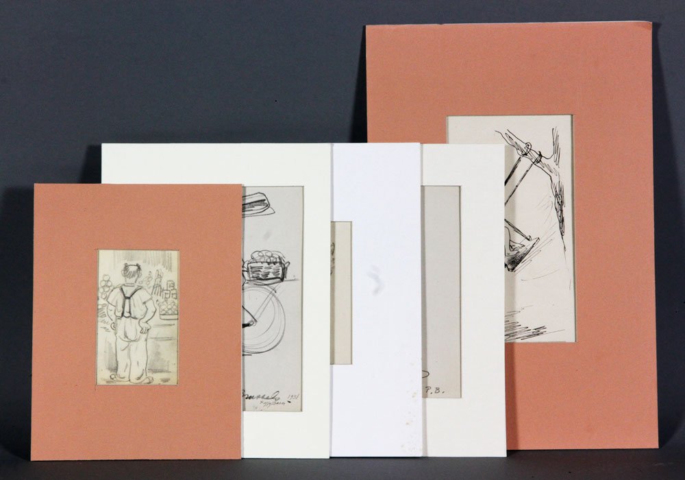 5 Pencil Drawings by Bacon: Five pencil and ink drawings by Peggy Bacon (American 1895 - 1987), matted, most initialed, some dated, whimsical drawings for illustrations for her books, 7 1/2" x 6 " (largest). Provenance: From the
