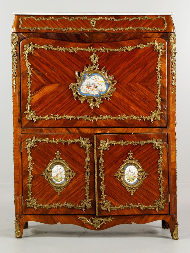 19th C. French Marble Top Secretaire Abattant: 19th century, French secretaire abattant, marble top with ormolu decoration and Sevres type porcelain inserts, 54"h x 38"w x 14"d. Provenance: Estate of Alexander Brook.