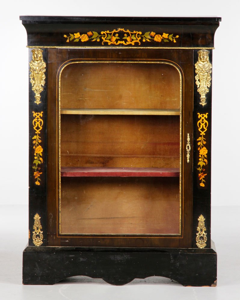 19th C. Italian Display Cabinet: 19th century, Italian display cabinet with gilt and marquetry inlay, 41 1/2"h x 30 3/4"w x 12"d. Provenance: Estate of Alexander Brook.