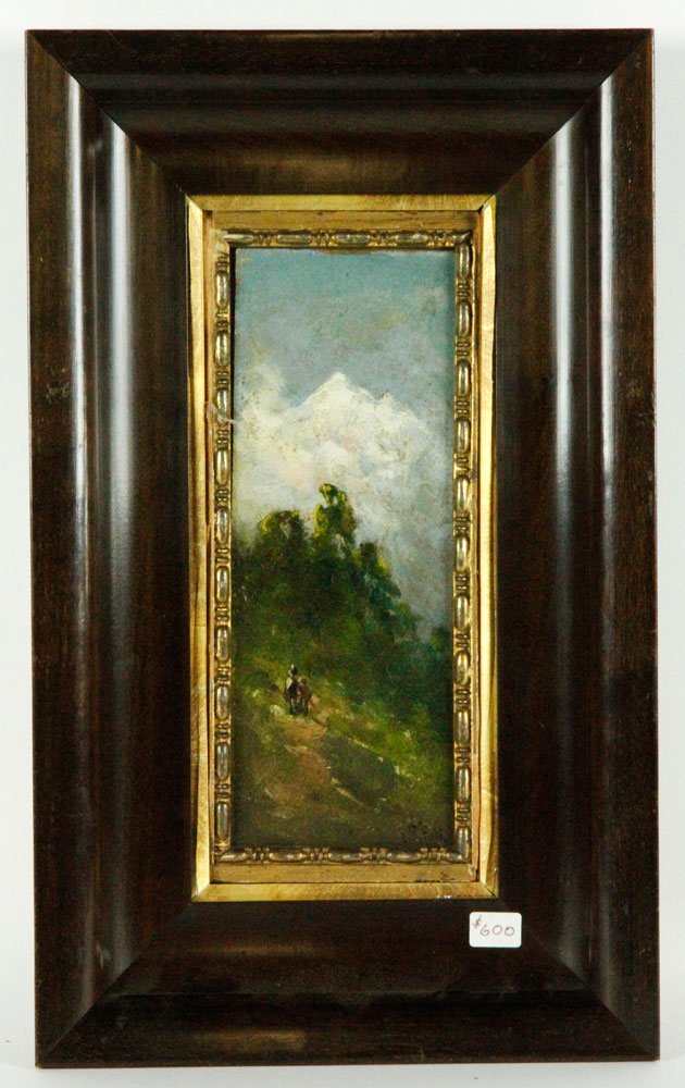 Hill, Rider and Mountain Pass, O/P: Edward Rufus Hill (American 1851 - 1908), rider on mountain pass, oil on panel, signed lower right, 8 3/4"h x 3 1/4"w (view), 14 3/4"h x 9"w (frame). Provenance: Estate of Alexander Brook.