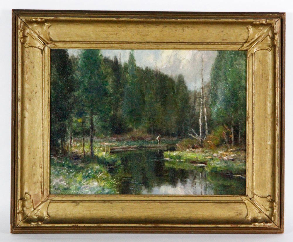 Barney, Stream Fisherman, O/C: Frank A Barney (1885-1958), Stream Fisherman, oil on canvas, signed lower left, 12"h x 16"w (view), 17 1/2"h x 21 1/2"w (frame). Provenance: Estate of Alexander Brook.