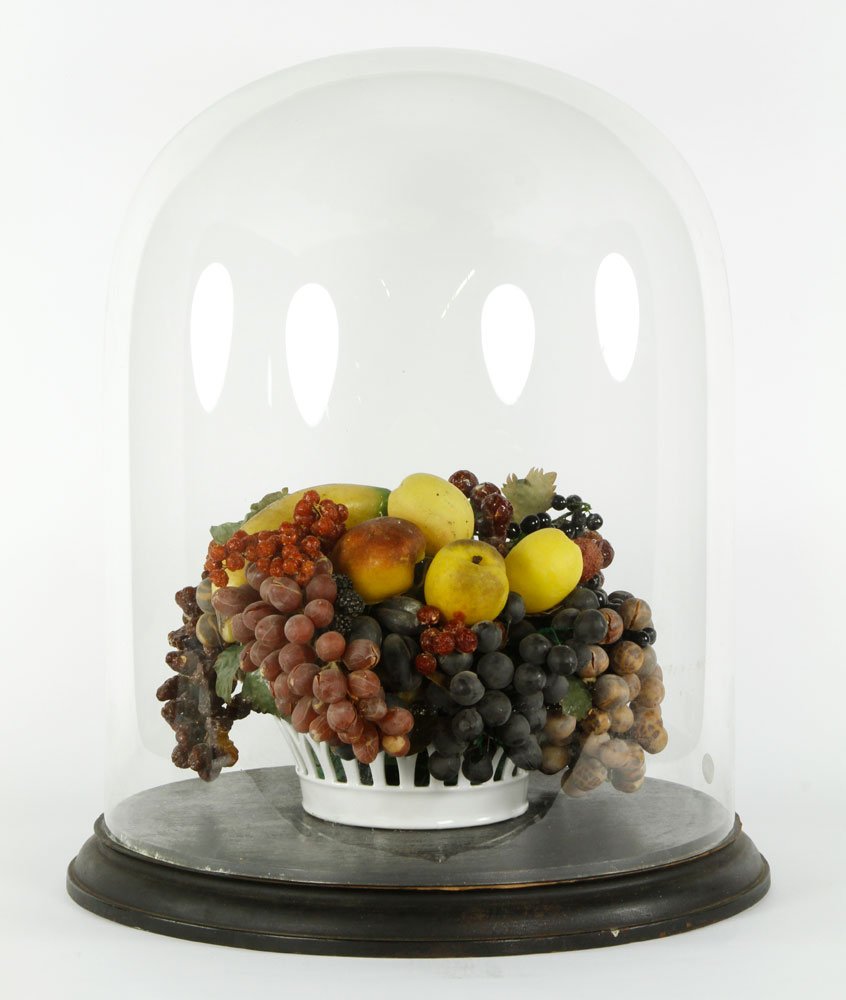 19th C. Waxed Fruit Collection: Collection of 19th century waxed fruit including cherries, grapes, raspberries, bananas, etc., in glass dome display case, 19 1/2"h x 15"d. Provenance: Estate of Alexander Brook.