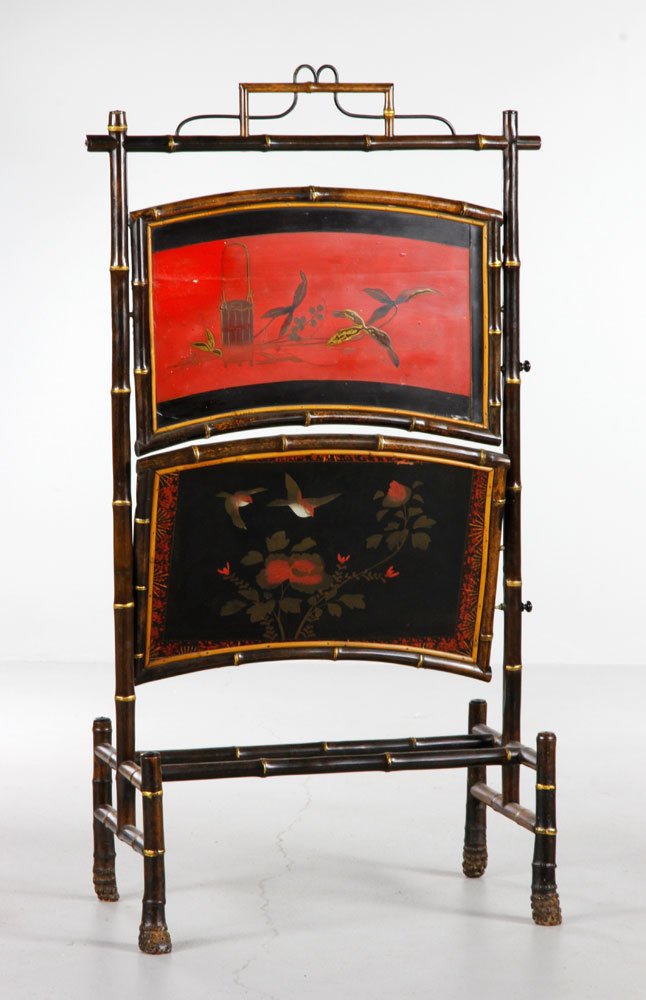 Austrian-made Victorian Pastry Stand: Oriental-style, Austrian-made, Victorian pastry stand, upright bamboo-turned footed frame fitted with two tilt-down arched shelves, decorated on front with Japanese floral and bird designs, 42"h x 21"