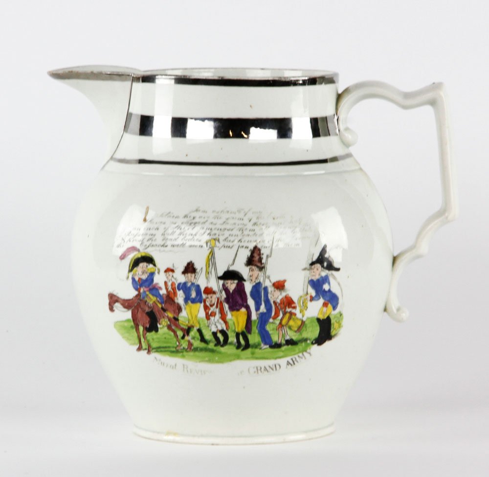 19th C. Porcelain Jug: Early 19th century jug, porcelain with humorous scenes, 7 3/4"h. Provenance: Estate of Alexander Brook.