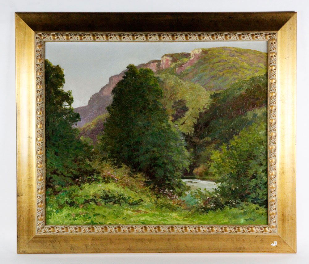 Montagney, Mountain and Stream: Montagney, mountain and stream, signed lower right, 23 1/2"h x 28 1/2"w (view), 30 3/4"h x 36"w (frame). Provenance: Estate of Alexander Brook.