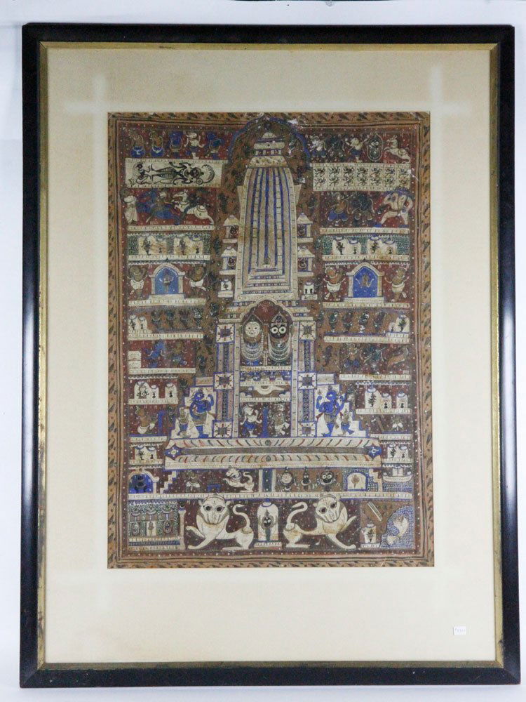 17th/18th C. Indian Painting on Parchment: 17th/18th century, Indian painting on parchment, symbolic figures, 28" x 20" (view), 40 1/2"h x 30 1/2"w (frame). Provenance: Estate of Alexander Brook.