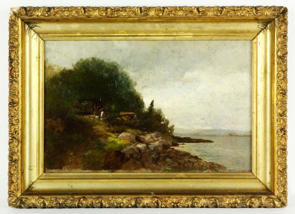 Shurtleff, Rocky Shore, O/C: Roswell Shurtleff (American 1838-1915), rocky shore, oil on canvas, signed lower left, 9" x 14" (view), 13" x 18" (frame). Provenance: Estate of Alexander Brook.