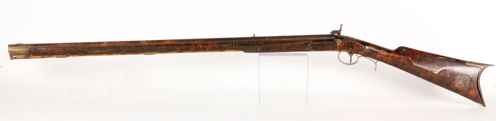 Leman Lancaster PA Musket: Leman Lancaster PA musket, circa 1800s, tiger maple stock, 48 1/4"l (overall), 32 1/4"l (barrel). Provenance: Marblehead, MA collector.
