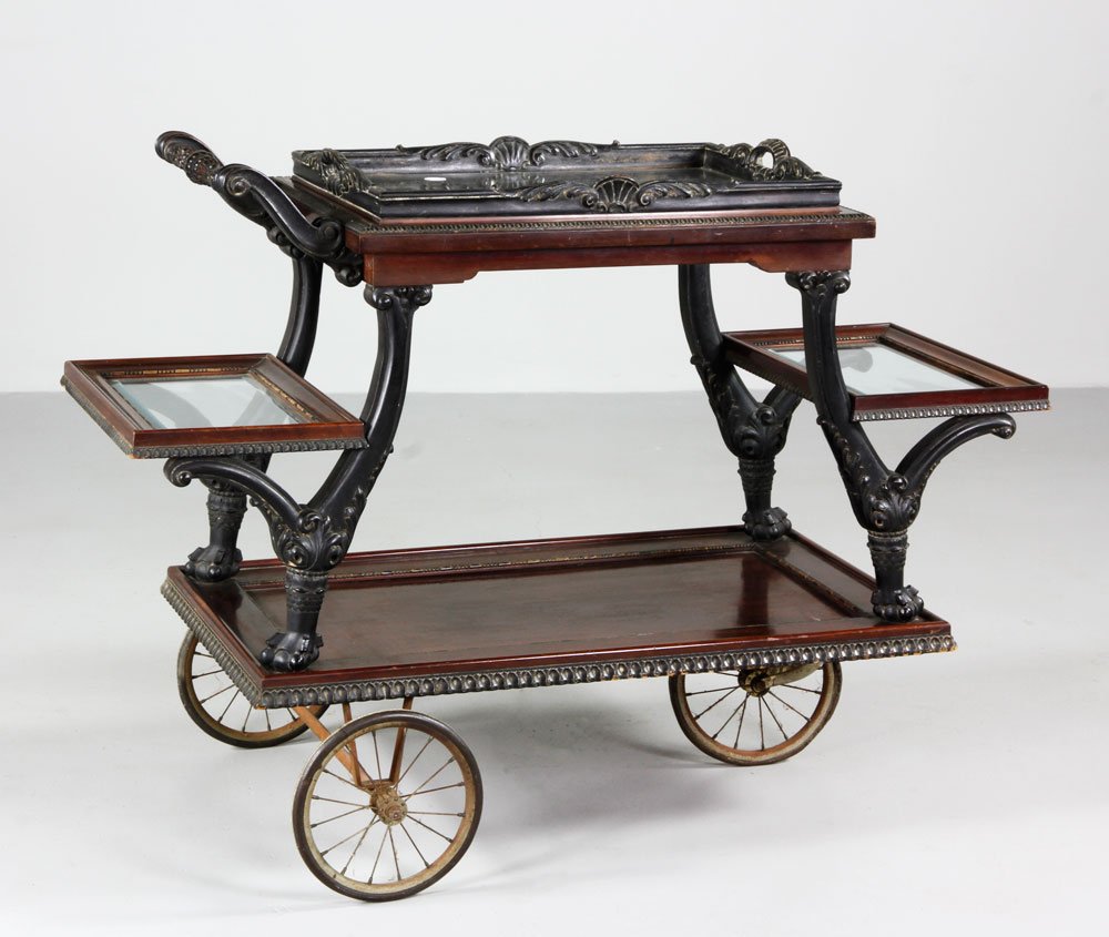 Mahogany Tea Cart: Fancy tea cart, mahogany with beveled glass shelves and tray, 32"h x 42 1/2"w x 21"d.