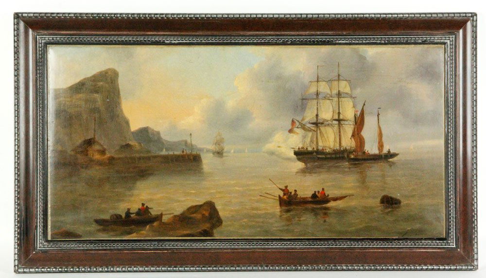 van Emmerik, Warships by the Coast, O/C: Govert van Emmerik (Dutch 1808-1882), warships by the coast, oil on canvas, signed lower right, relined, 14" x 28" (view), 18" x 32 1/4" (frame). Provenance: Estate of Alexander Brook.