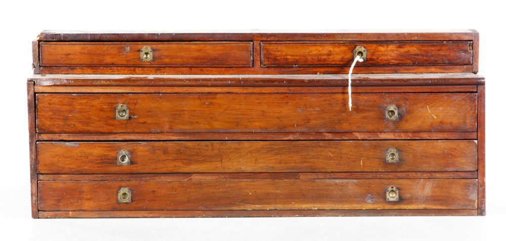 19th C. Penn. Blanket Chest: 19th century lift-top Pennsylvania blanket chest with two drawers below, Chippendale hardware, pegged and dovetail construction, 29 1/2"h x 53"w x 24 1/2'd. Provenance: Estate of Alexander Brook.