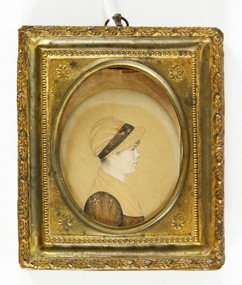 Attrb. Porter, Miniature Portrait: Attributed to Rufus Porter (1792-1884), miniature painting of young woman, 5" x 4 1.2" (frame). Provenance: Estate of Alexander Brook.
