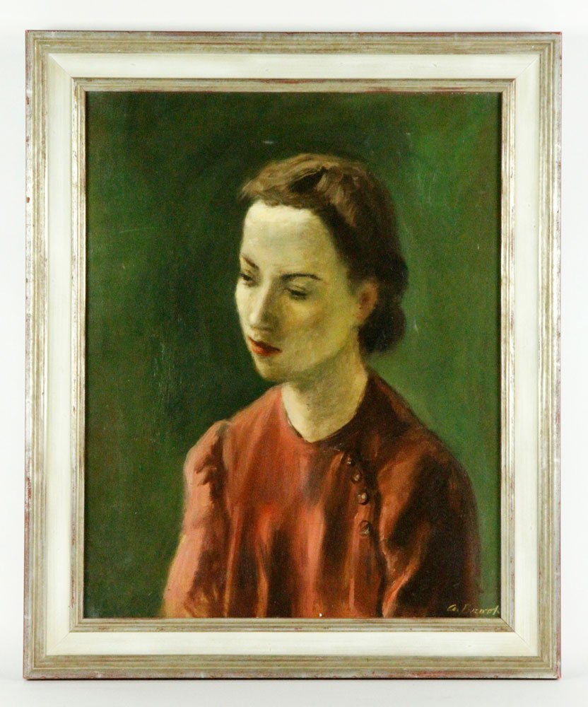 Brook, "Portrait of Jane", O/C: Alexander Brook (1898-1980), "Portrait of Jane", oil on canvas, signed lower right, information verso, 20 1/2" x 16" (view), 23 3/4" x 19 1/2" (frame). Provenance: Estate of Alexander Brook.