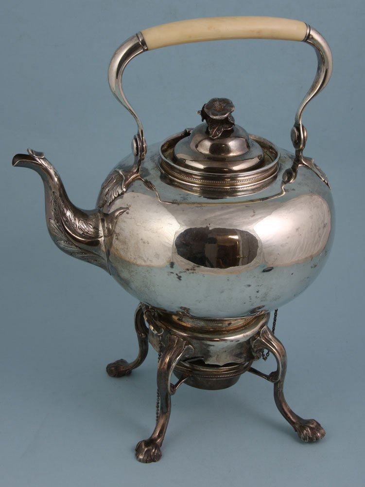 Rare Antique Silver Hot Water Kettle: Rare antique hot water kettle having ivory handle, marked Jones Ball and Poor, 13"h x 10"w, 47 troy oz.