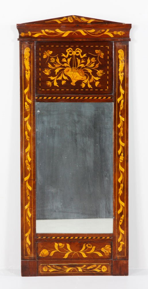 19th/20th C. Marquetry Inlaid Wall Mirror: Late 19th/early 20th century marquetry inlaid wall mirror, a peaked pediment inlaid with leaves and flowers over rectangular panel, inlaid with bow suspending basket of flowers, leafy floral bands dow