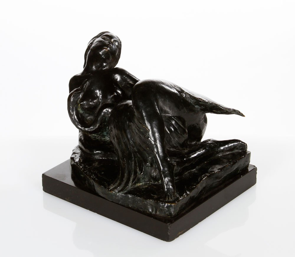 Early 20th C. Russian Sculpture of Leda, Bronze: Early 20th century Russian bronze sculpture of Leda and the Swan, signed Vladimir Beklemishev, on onyx base, marked with foundry mark, 5 1/4"h x 7 1/2"w x 5 1/2"d.