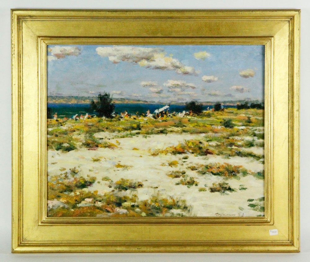 Dumenko, Figures at a Beach O/C: Sergei Dumenko (Russian 1909-1987), figures at a beach, oil on canvas, signed lower right, dated '52, 22" x 26", framed 22 1/2" x 26 1/2". Provenance: From the estate of Alexander Brook.
