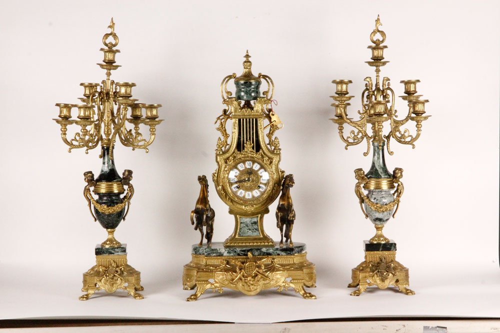 20th C. Franz Hermle Clock and Candelabra Set: 20th century Franz Hermle clock and candelabra set, marble and brass, 27"h.