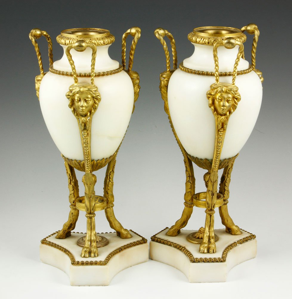 2 Marble and Bronze Garnitures: Two garnitures, dore, marble and bronze, unsigned, 10"h.