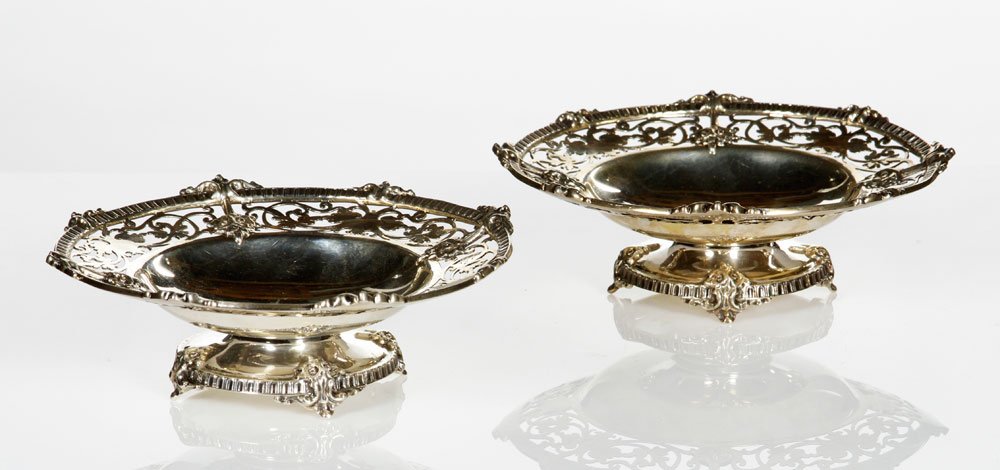 Pair Mappin and Webb Footed Dishes: Pair of Mappin and Webb footed dishes, silver, stamped with English hallmarks on underside of rim, "Mappin and Webb" stamped on base, approximately 10 troy oz tw, 13/4" x 5"dia. Provenance: Property o