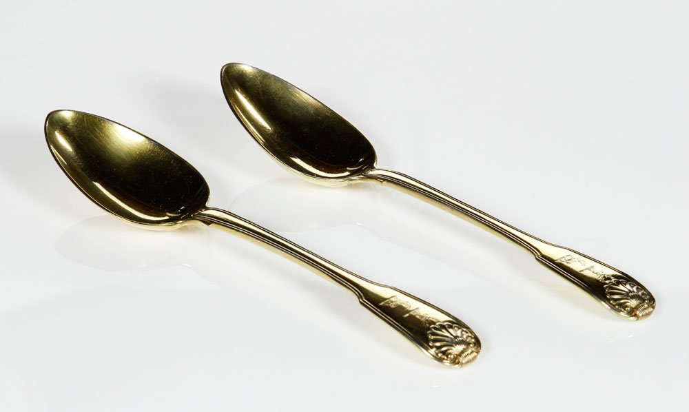 Pair Antique Silver Gilt Spoons: Pair of antique silver gilt serving spoons, George III period, made by Williams, Eley & Fearn, dated 1805, with English hallmarks, sold by James Robinson, Park Ave NY with paper certificate, approxima