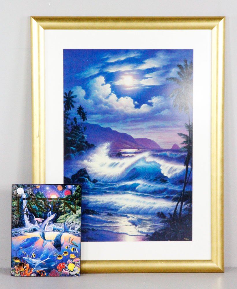 Lithograph by Lassen: Christian Lassen (American), modern lithograph, edition lower right, signed lower left, matted and framed under glass, lot also includes a book signed by the artist, 29 1/2"h x 20"w (view), 40"h x 29 