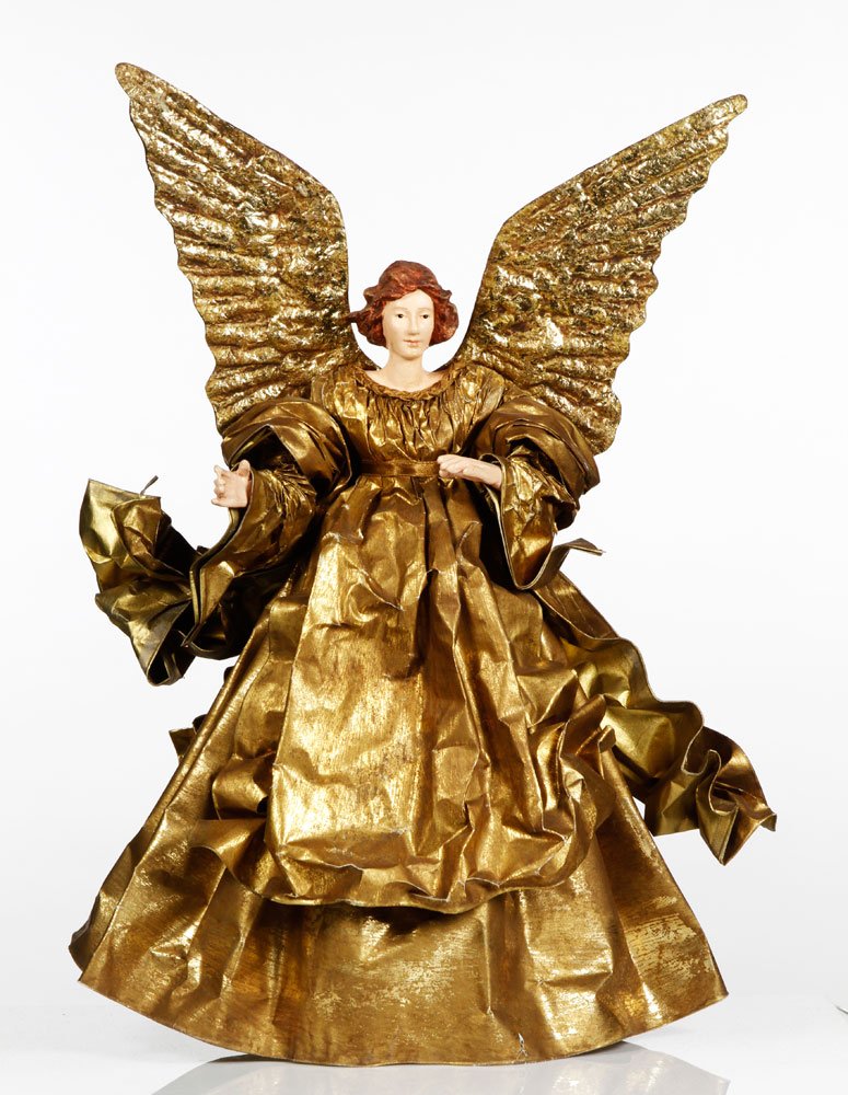 Angel Christmas Tree Topper: Angel Christmas tree topper, gilt paper with painted paper mache head, used in Donald Trump and Marla Maples' Trump Tower, NYC residence, 15" x 11" x 7". Provenance: Property of Marla Maples.