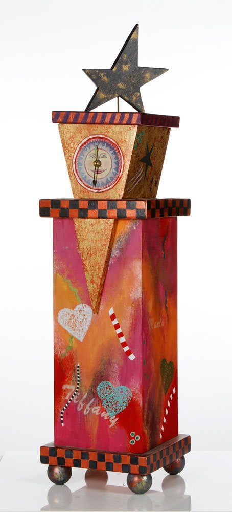Painted Wooden Clock: Whimsically painted wooden clock, presented to Tiffany Trump, 1993, with Tiffany, Donald, and Marla's names and the word love stenciled on it, decorated with hearts, stars, and moons, 27 3/4" x 7"sq. 