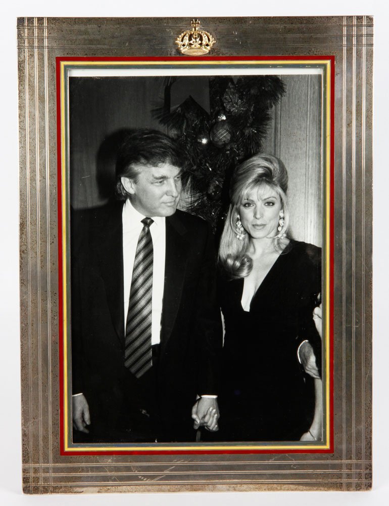 Cartier Sterling Enameled Picture Frame: Cartier picture frame, sterling with 14K gold crown, marked Cartier, 47-39, labeled tea house, with original photograph of Donald Trump and Marla Maples, from the estate of Margaret Merriweather-Post,
