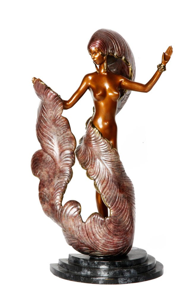 Erte Bronze Sculpture: Erte solid bronze sculpture, marked C1987 Chalk & Vermillion and Sevenarts 111/375 on marble base, 17 3/4"h x 7 1/2"w. Provenance: Property of Marla Maples. In 1989 Erte was honored at a Gala in The R
