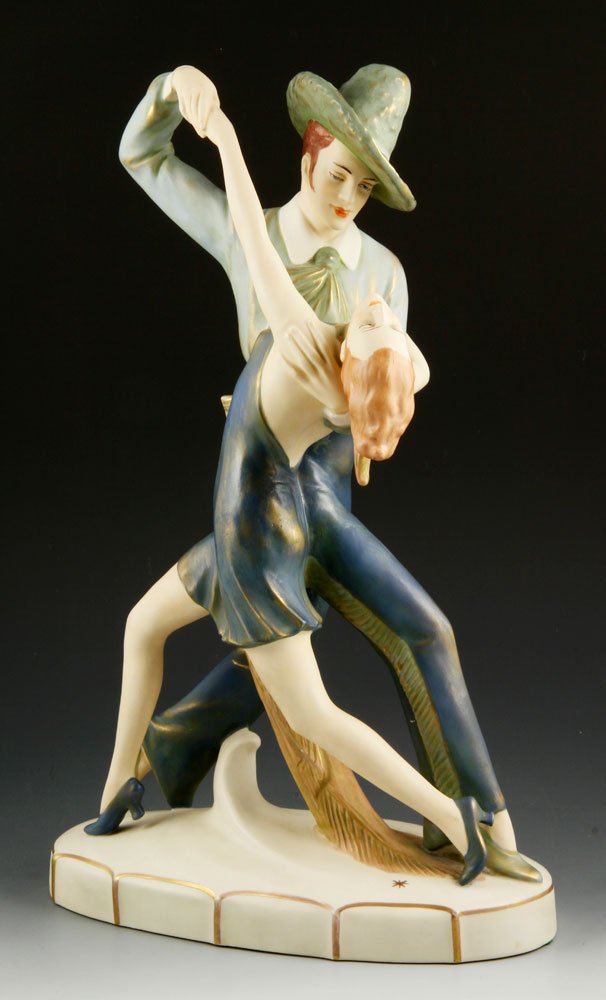 Royal Dux, Dancers, Porcelain: Royal Dux, dancers, porcelain, 15"h x 8 1/2"w x 4"d. Numerous markings to base.