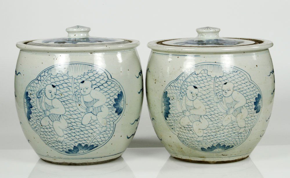 Early 20th C. Chinese Blue and White Container: Early 20th century Chinese blue and white covered grain containers, 10 1/2"h x 11 1/4"w. Provenance: Oak Bluffs, MA estate.
