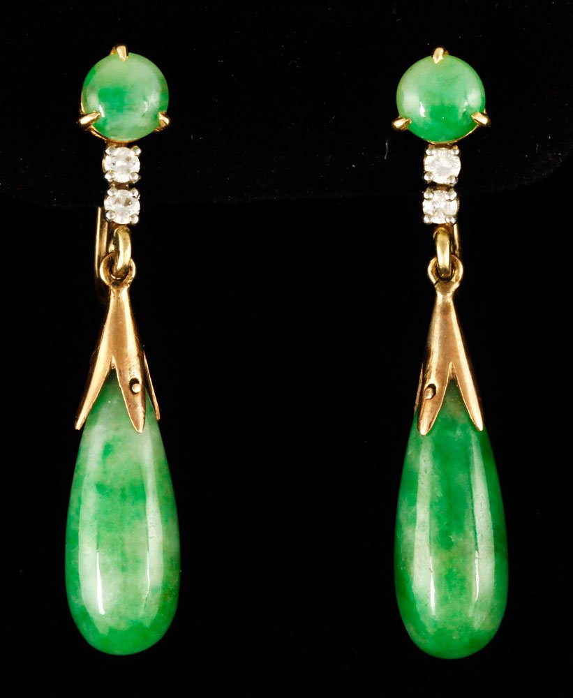 Pr. 14K Gold, Diamond and Jade Earrings: Pair 14K yellow gold, diamond and jade screw-back earrings, 1 1/$"h, approximately 0.2oz / 4 DWT TW. Provenance: Springfield, MA collector.