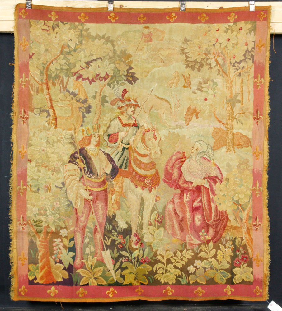 20th C. French Aubusson Tapestry: 20th century French Aubusson tapestry, depicting a queen and knights, 72" h x 68" w. Provenance: From a New York, NY collection.