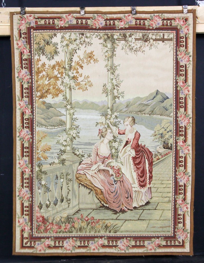 19th/ 20th C. French Aubusson Tapestry: 19th or 20th century French Aubusson tapestry, framed, depicting two women by a river, 60" h x 70" w. Provenance: From a New York, NY collection.