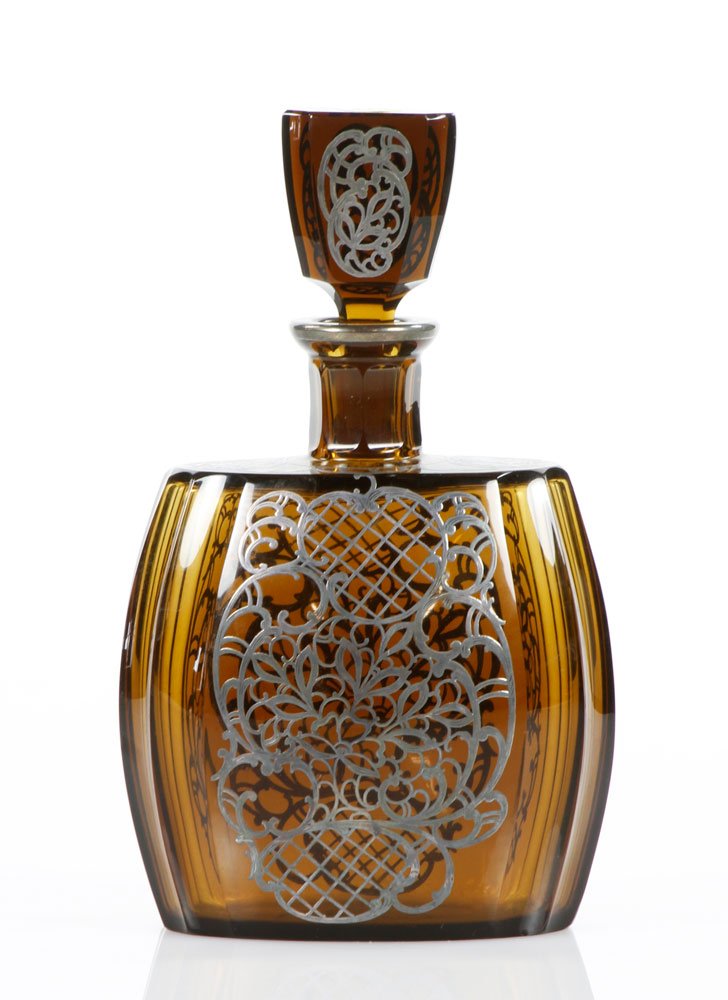 Deep Amber Blown Decanter: Deep amber, blown decanter with silver overlay, 9 1/2'' h. Provenance: Estate of Alexander Brook.