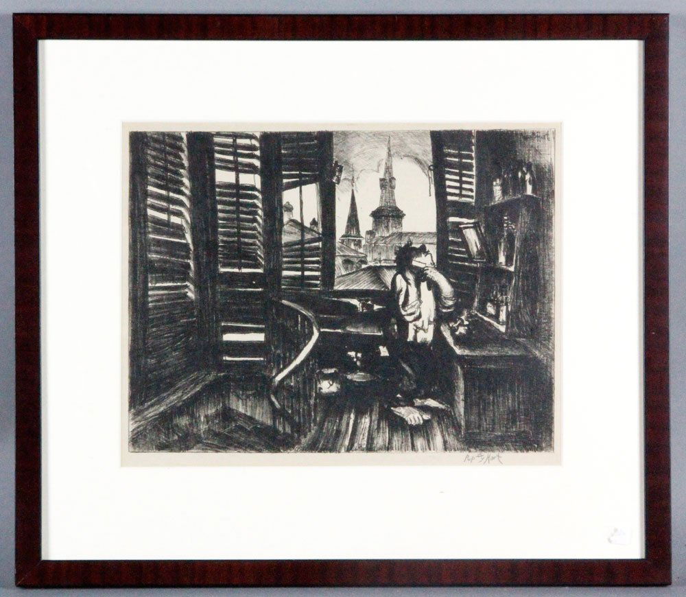Hart, Shaving, Lithograph on Paper: Pop Hart a.k.a. George Overbury (1886-1933), Shaving, Lithograph on paper, signed lower right, 10'' h x 16'' h, framed 16 3/4'' h x 19 1/4''. Estate of Alexander Brook.