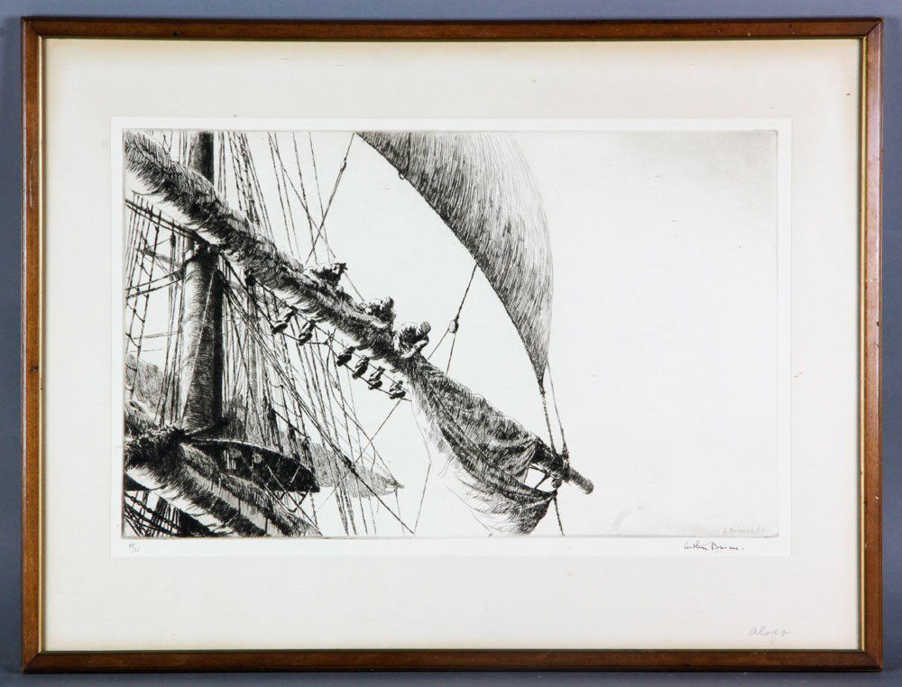 Briscoe, Making Sail, Etching: Arthur Briscoe (1879-1943), Making Sail, 55/75, etching, signed lower right margin in ink, information on verso, plate: 9 7/8'' h x 15 3/4'' w, framed: 15 3/4'' h x 20 3/4'' w. Provenance: Marblehead,