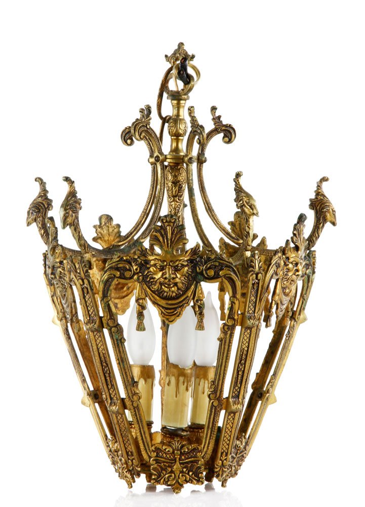 20th C. French Bronze Hanging Light Fixture: 20th century French hanging light fixture, bronze, with glass sides, 12" h x 16" dia. Provenance: From a New York, NY collection.