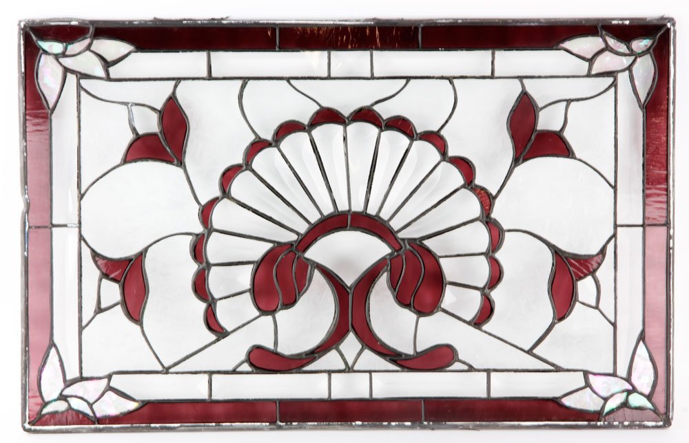 20th C. Stained Glass Transom: 20th century transom, stained glass, 14 1/2" h x 23" w. Provenance: From a New York, NY collection.
